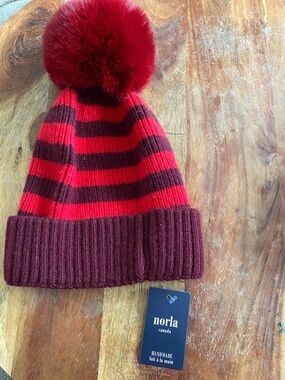 Red burgundy stripe ribbed beanie toque pompom NORLA CANADA alpaca wool